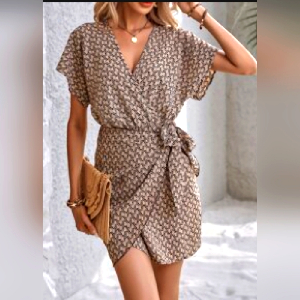 SHEIN Beige Floral-Print Wrap Midi Dress